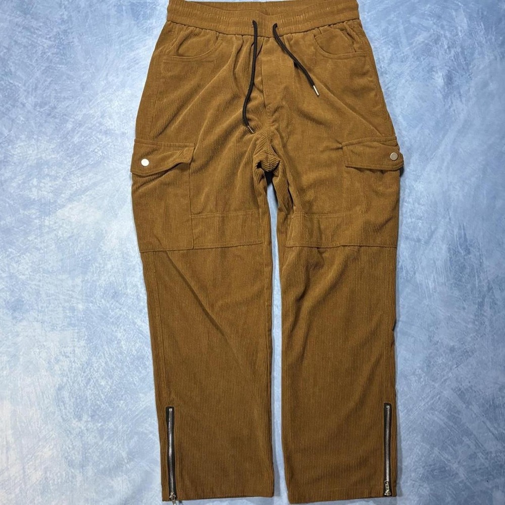 Brown corduroy cargo pants with zipper details